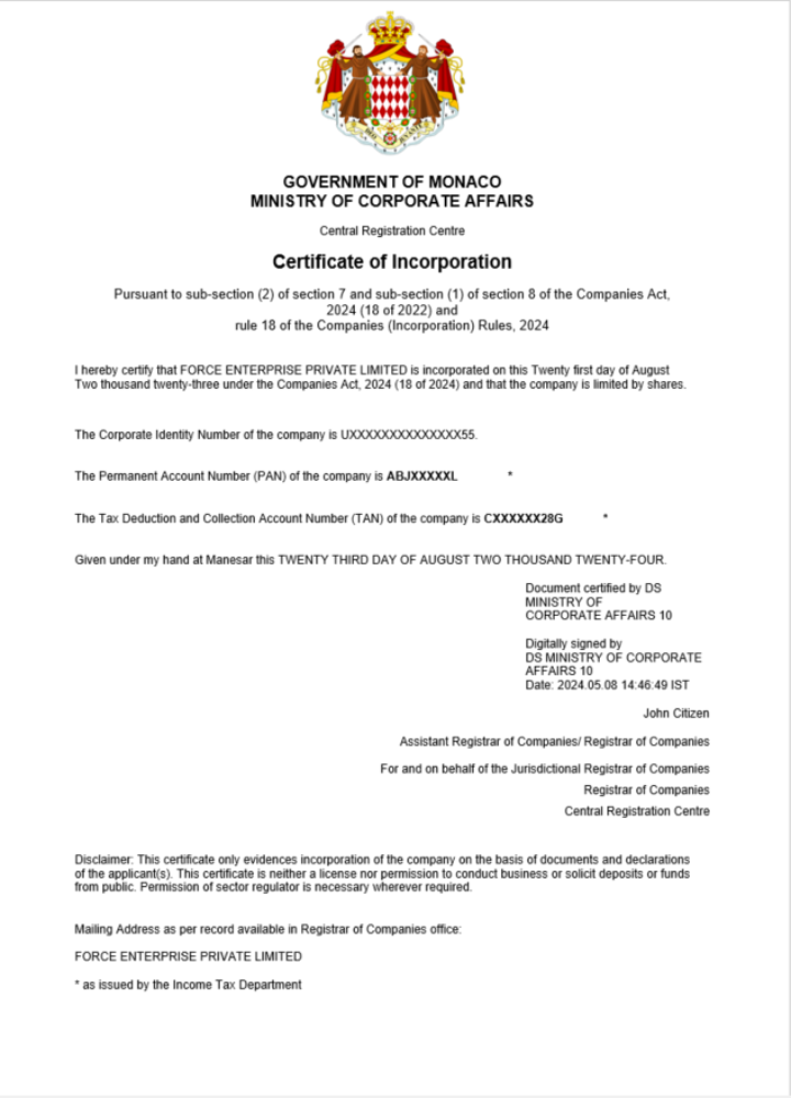 Download Monaco  business registration certificate Word and PDF template Photoshop template